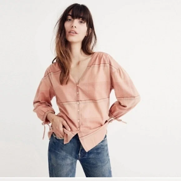 Madewell peach orange plaid button front blouse - Picture 2 of 5